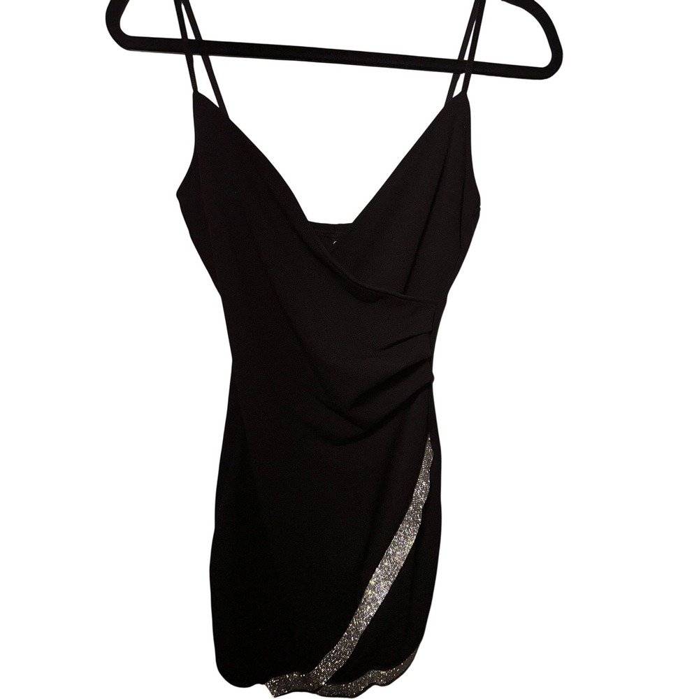 Windsor Black Rhinestone Trim Wrap Bodycon Mini Dress HRQ-3405WS Small